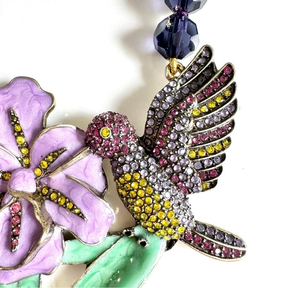 Hummingbird Colorful Rhinestone Enamel Necklace Purple Bead Large Flower NEW - Picture 4 of 15